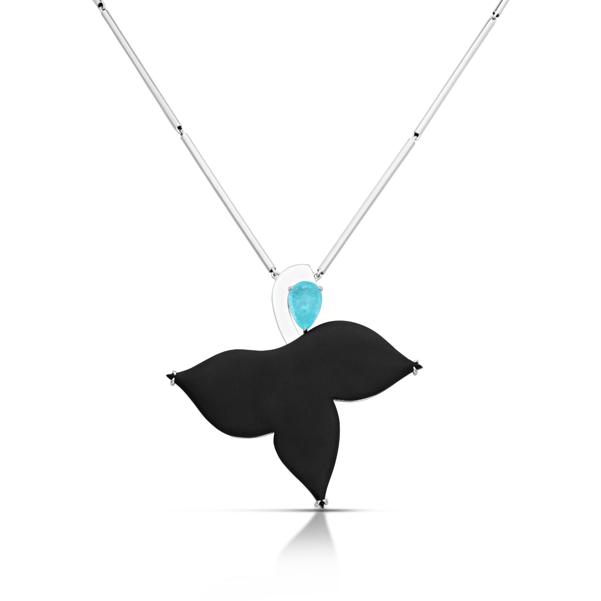 Dancing Queen Woman with Black Onyx and Paraiba Tourmaline set in 18K White Gold